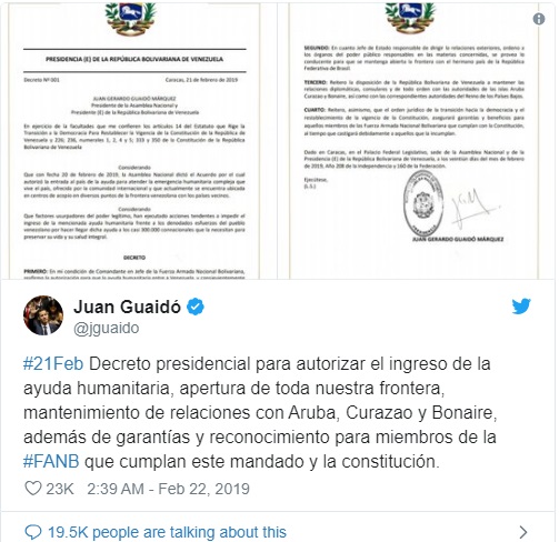 	Гуайдо издал свой первый указ и закрыл сухопутную границу с Бразилией