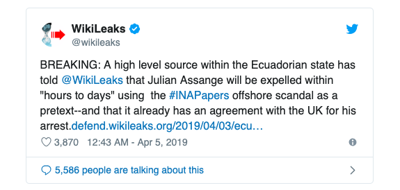 	Ассанжа могут выгнать из посольства Эквадора в Лондоне