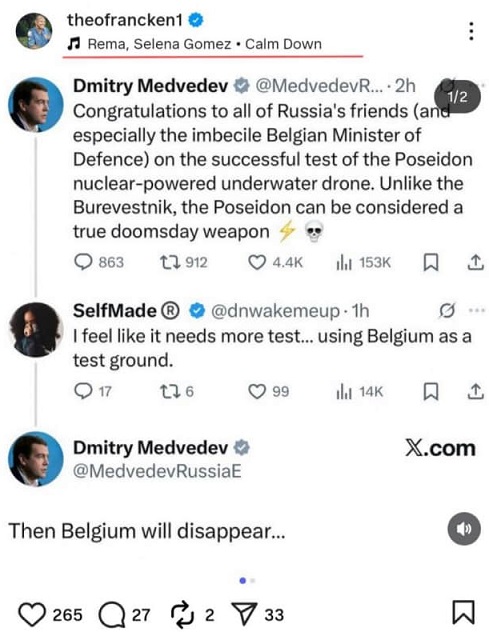 Глава Міноборони Бельгії натякнув Медведєву піснею Селени Гомес, щоб він вгамувався