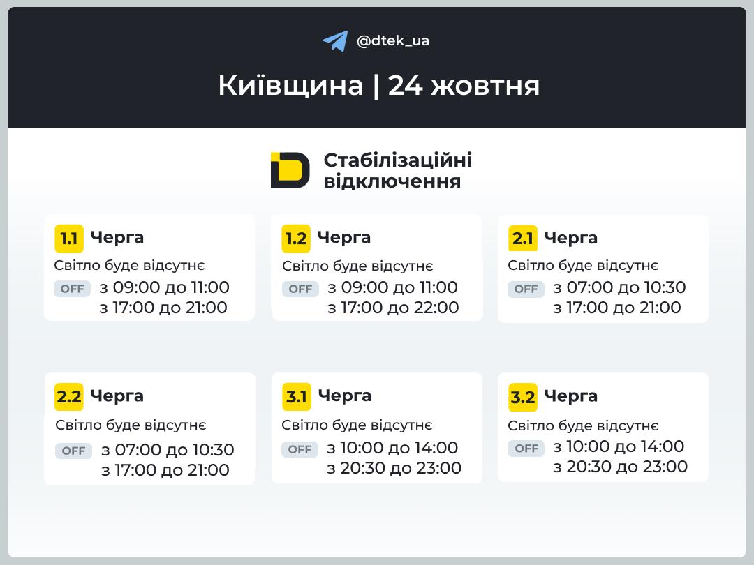Розклад планових відключень світла в Києві та області на 24 жовтня