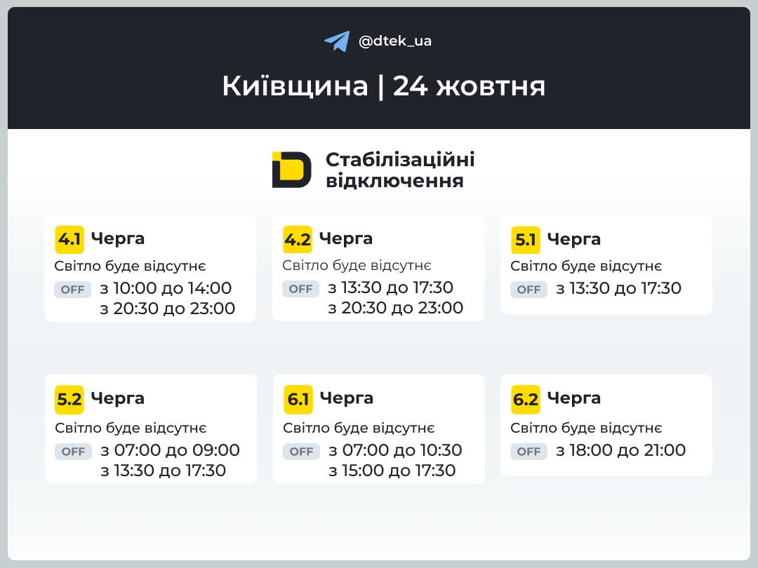 Розклад планових відключень світла в Києві та області на 24 жовтня