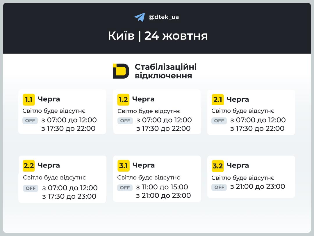 Розклад планових відключень світла в Києві та області на 24 жовтня