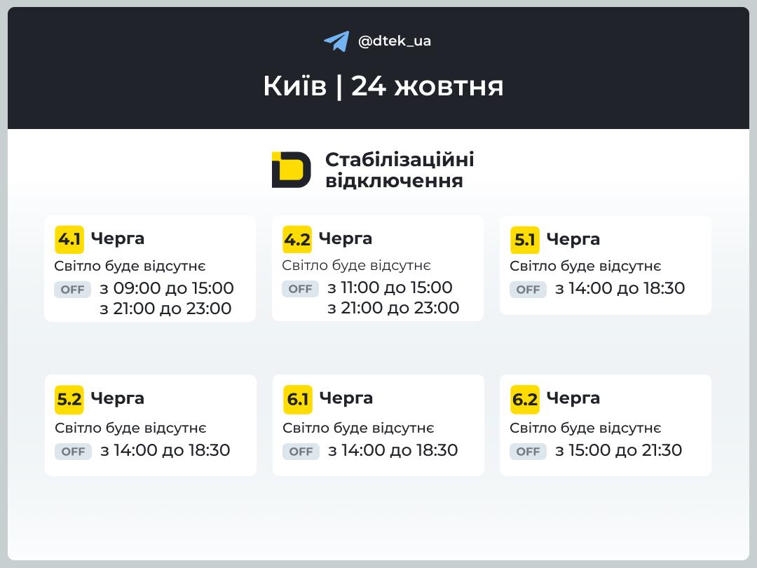 Розклад планових відключень світла в Києві та області на 24 жовтня