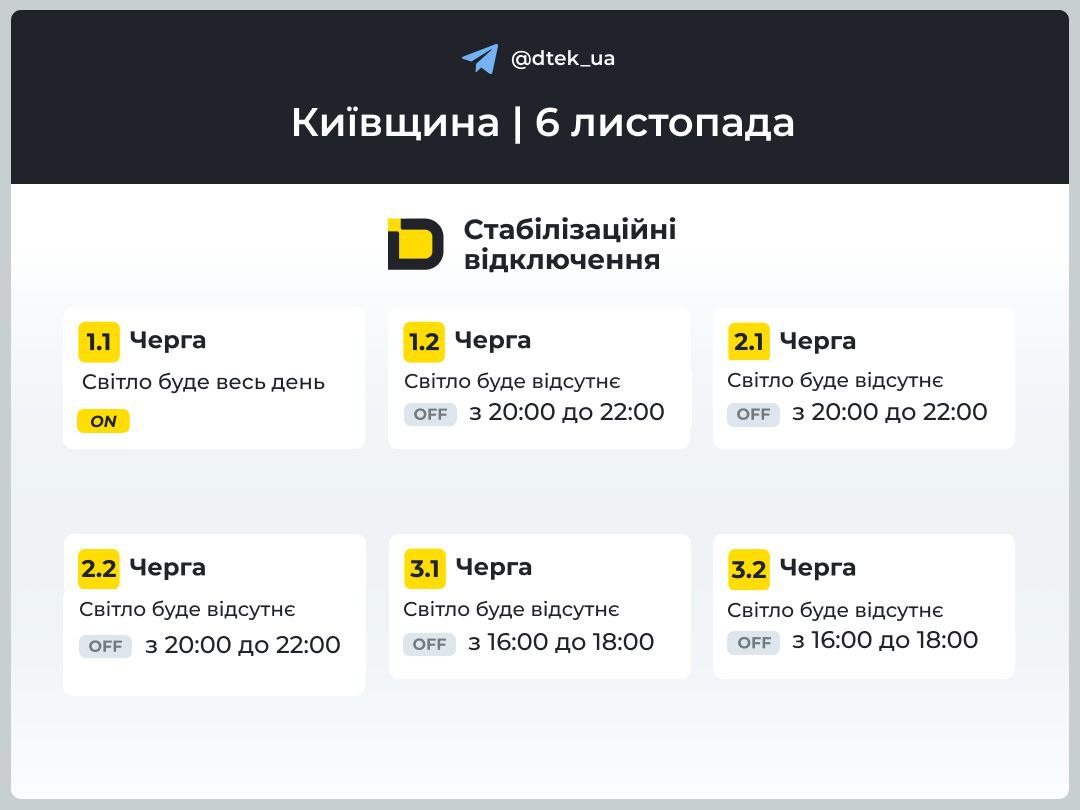 Графік відключення електроенергії у Києві та області 6 листопада: розклад по чергах