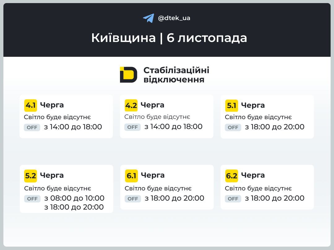 Графік відключення електроенергії у Києві та області 6 листопада: розклад по чергах